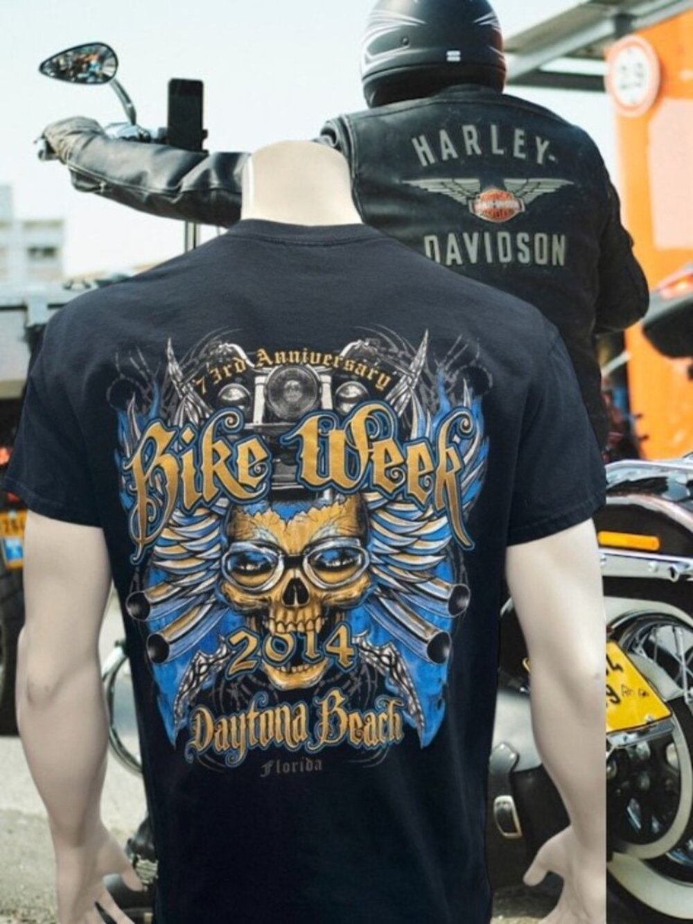 2014 Daytona Beach Bike Week Motorcycle Black Blue Skull Double Side Graphic Tee